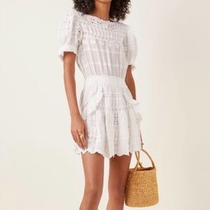LoveShackFancy White Eyelet Puff Sleeve Mini Dress